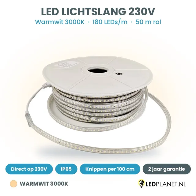 Tsong LED Lichtslang 230V - Warmwit 3000K - 180 LEDs/m - 7,2W/m - 720lm/m - IP65 - 12mm - 50m rol