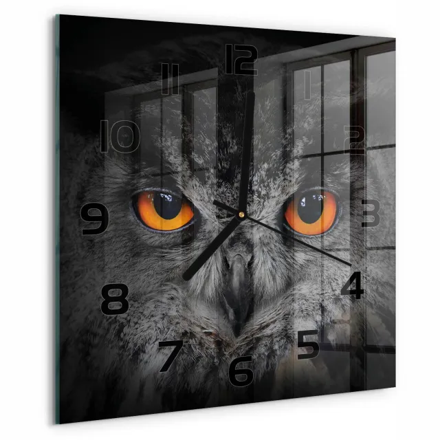 TULUP Wandklok - Uil Glazen Klok Met Print - 30x30 cm - Oranje Wandklok Glas Met Motief - Zwarte handen - Vierkante Klok - Wandklok Glas Decoratie - Gekleurde Glazen Klok