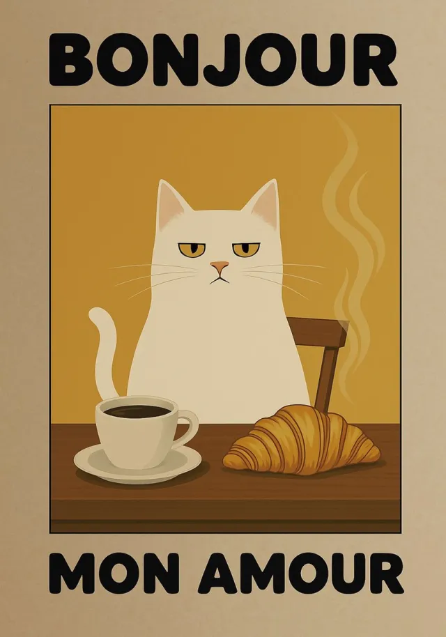 Bonjour Mon Amour Poster met Lijst A3 – Kat met Croissant & Koffie – Franse Humor – 30 x 40 cm – Retro Keukendecoratie – Cadeau voor Koffie- & Kattenliefhebbers Multi colour