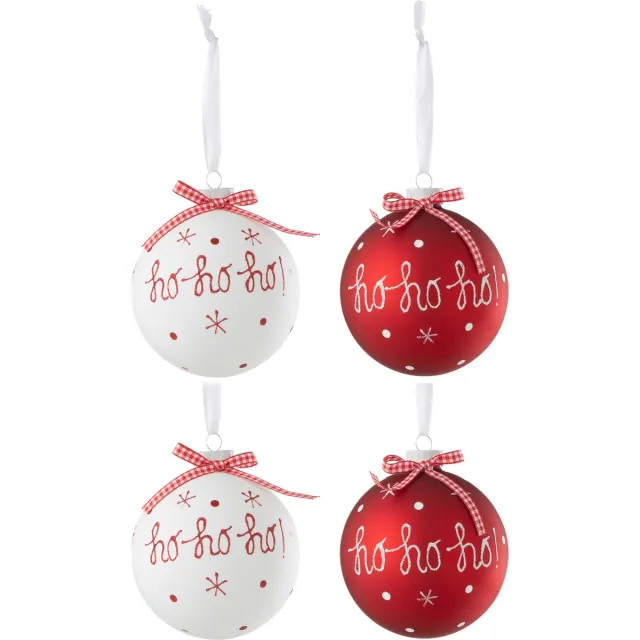 J-Line kerstbal Hoho - glas - rood/wit - large - doos van 4
