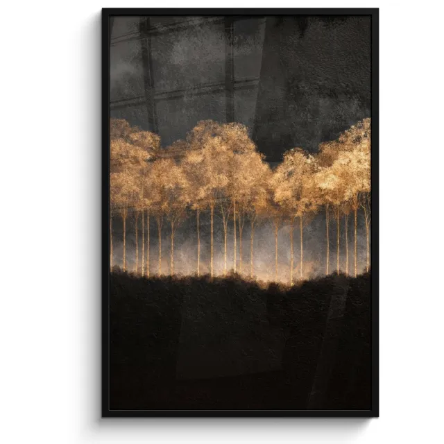 FrameYourWall Poster in lijst - Fotolijst 80x120 cm - Posters - Gouden Bomen in Mistig Landschap - Posterlijst zwart - Decoratie - Wanddecoratie woonkamer - Muurdecoratie slaapkamer Bomen - Mist - Goud