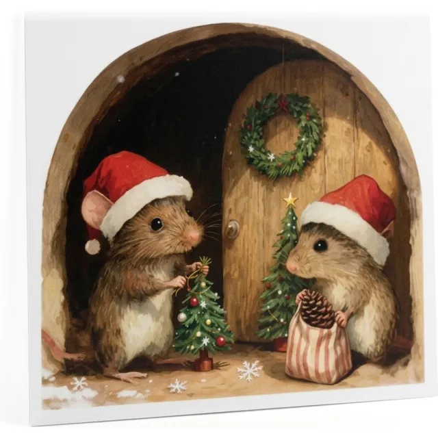 NUVEX Bruin rood groen muursticker – 2 muizen met kerstmuts bij kerstboom – kerst muizenhol wandsticker met kerstkrans en sneeuwvlokken – 2D dieren decoratie voor woonkamer slaapkamer
