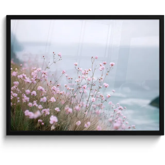 FrameYourWall Poster in lijst - Fotolijst 80x60 cm - Posters - Klif - Bloemen - Zee - Roze - Posterlijst zwart - Decoratie - Wanddecoratie woonkamer - Muurdecoratie slaapkamer