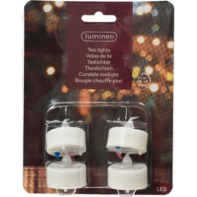 Lumineo LED theelichtjes/waxinelichtjes - 4x st - wit - 3,6 x 3,6 cm - steady - warm wit - timer
