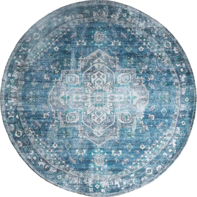 Veer Carpets Vloerkleed Nora Petrol Rond ø120 cm - Laagpolig Vloerkleed – Vintage / Klassiek Design