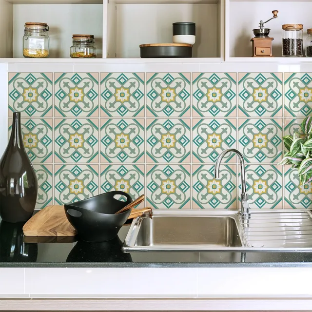 Ambiance Sticker Zelfklevende tegelmuurstickers voor keuken en badkamer - 9 cementtegelstickers (Azulejos Nesa) - 9 stickers, 15x15cm Multi color