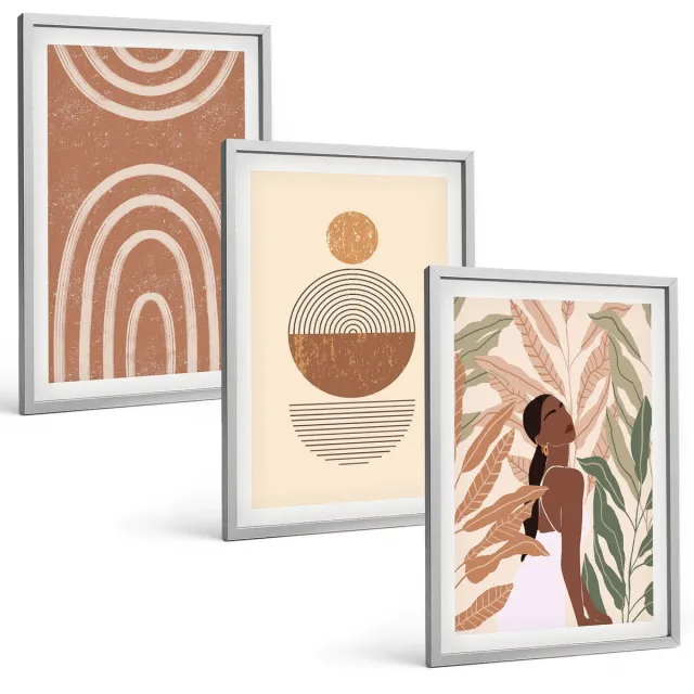 Coloray 3-Delige Schilderij Set - Stijlvolle Patronen Met Plantmotieven En Geometrische Vormen. - 40 x 60 cm - Decoratieve Schilderijen - Woonkamer - Interieur - Interieur Decoratie Zilveren lijst