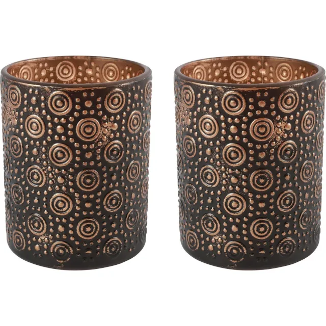 Countryfield Luxe theelichthouder - 2x stuks - Fantasy - glas - zwart/brons - D7 x H8 cm