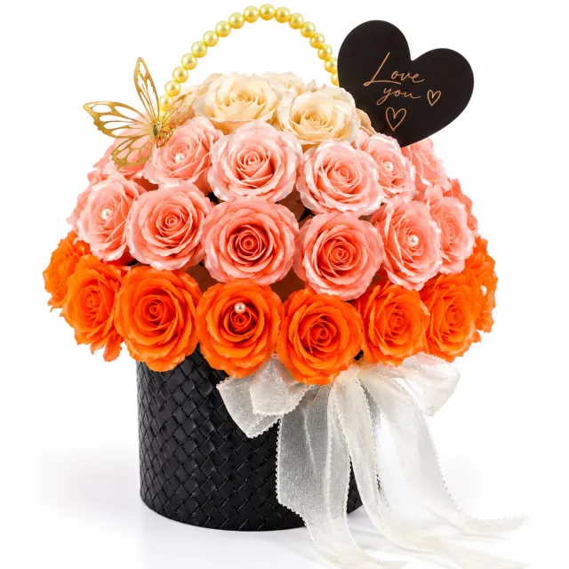La Roselle Amsterdam Luxe Rozenboeket in Zwarte Bloemenbox – Ombre Roze en Oranje Kunstrozen met Parels en Strik – Uniek Cadeau voor Verjaardag, Valentijn en Moederdag | La Roselle Amsterdam