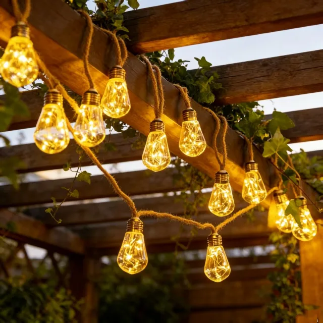 Flintry Solar buitenverlichting - 5 meter retro henneptouw solar tuinverlichting - Waterdichte warmgekleurde solar lichtslinger - 8 standen - Afstandsbediening - USB-opladen - 10 onbreekbare lampjes - Geschikt voor tuinen, schuttingen, trappen en balkons
