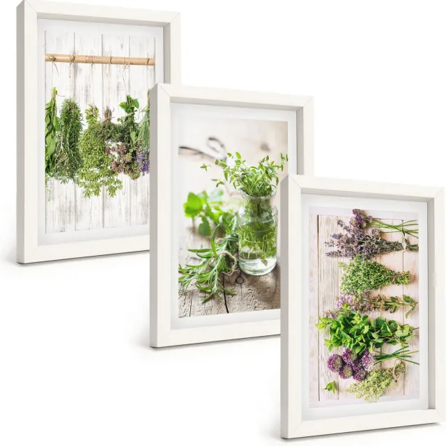 TULUP 3-Delige Schilderij Set - Kruiden en planten drogen voor in de keuken - 20x30 - Muurdecoratie - Wanddecoratie - Hal witte lijst