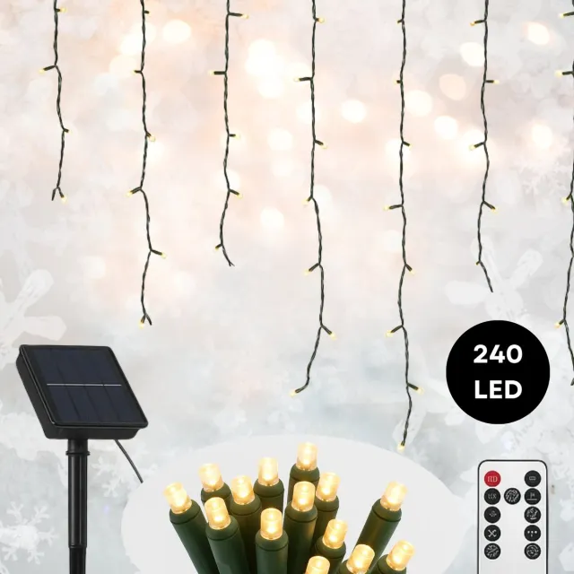 Lomera Solar Ijspegelverlichting - 780 Cm Lichtgordijn - 240 Led - Usb - Afstandsbediening - Warm Wit Licht - Timer - 13 Lichtfuncties - Met Geheugen en Zonnepaneel - Grondpin - Ijspegel Verlichting - Kerstverlichting - Kerstlampjes