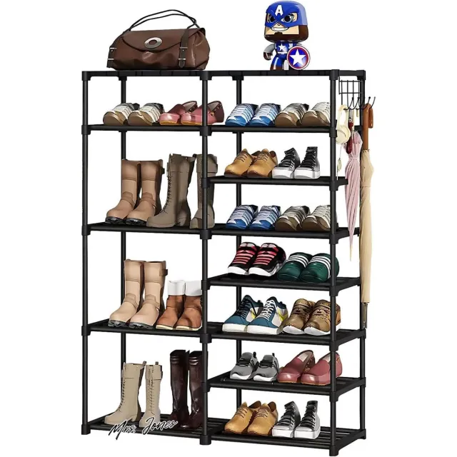Mrs. Jones Metalen schoenenrek 11-laags - ruimtebesparend - zwart - schoenenrek met haak - hal woonkamer slaapkamer - 125x86x30cm - 22-27 paar schoenen en laarzen . multi-color