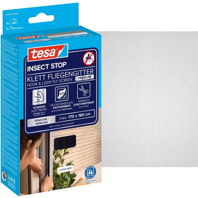 Tesa INSECT STOP H&L Fly Screen Premium for Windows - hor met sterke klittenband, verwijderbaar zonder resten, op - 170 x 180 cm - antraciet (transparant) Zwart