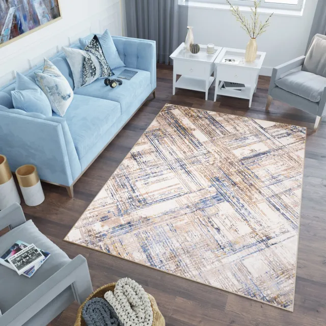 Tapiso Asthane Vloerkleed Beige Blauw Geruit Modern Woonkamer Tapijt