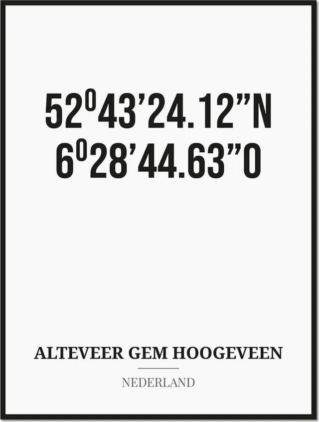 Studio216 Poster/kaart ALTEVEER GEM HOOGEVEEN met coördinaten zwart, wit