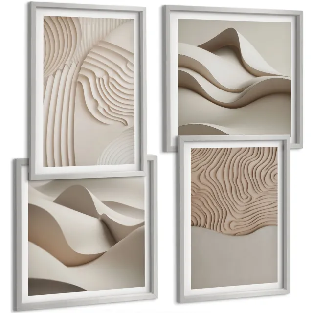 TULUP 4-Delige Schilderij Set - Abstracte textuurpatronen: golven op zand - 40 x 40 cm en 40 x 60 cm - Stijlvolle Wanddecoratie - Interieur - Woonkamer Decoratie Zilveren lijst