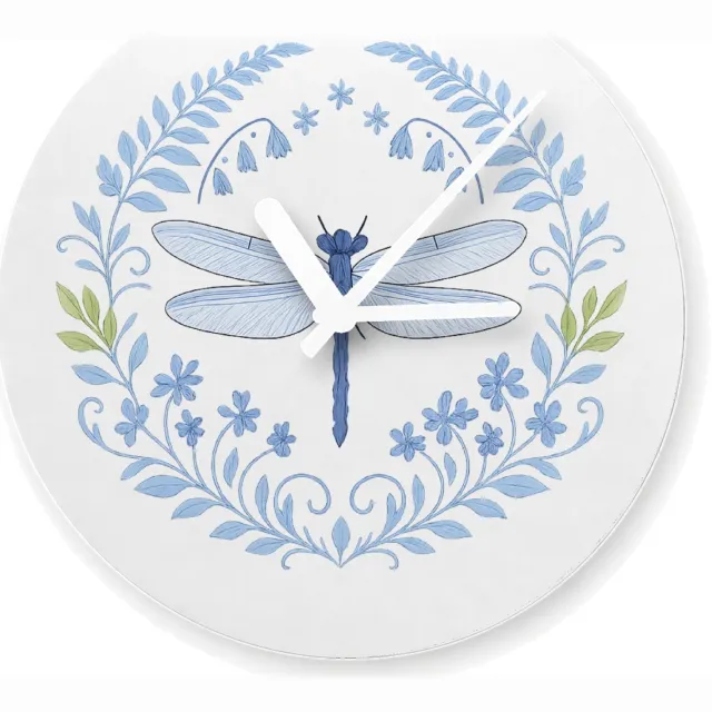 Mr Cadeautjes Glazen klok Ø 20 - design Serene bosrand met libellen en varens in een verfijnd blauw| cadeau Wit