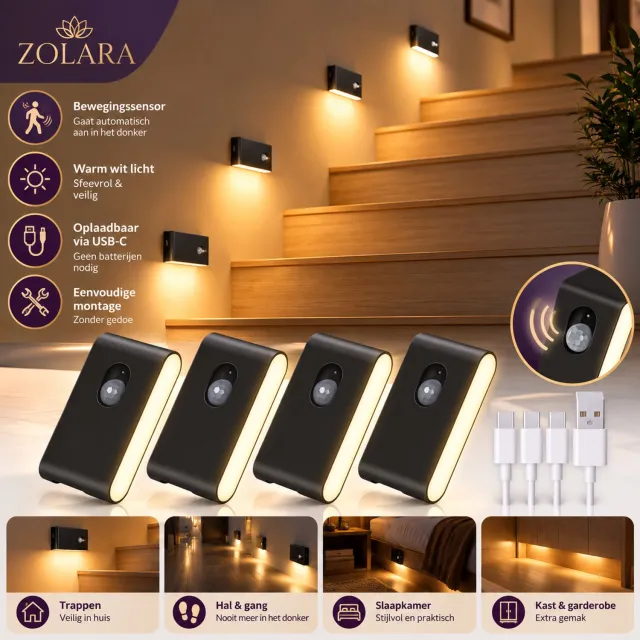 Zolara 4x Oplaadbare Nachtlampjes met Bewegingssensor - Trapverlichting LED - Bewegingssensor - LED Nachtverlichting 2700K Warm Wit - Draadloos - Magnetisch - Voor Trap, Hal, Slaapkamer en Badkamer - Kastverlichting Zwart