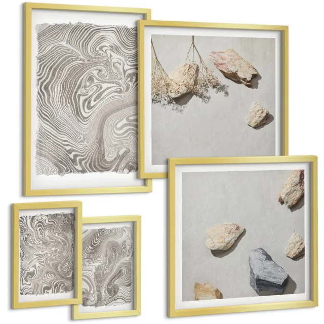 Coloray 5-Delige Schilderij Set - Abstracte Schilderkunst Met Moderne Vormen - 50 x 50 cm, 20 x 30 cm En 40 x 60 cm - Wanddecoratie - Muurdecoratie - Moderne Interieurdecoratie Gouden lijst