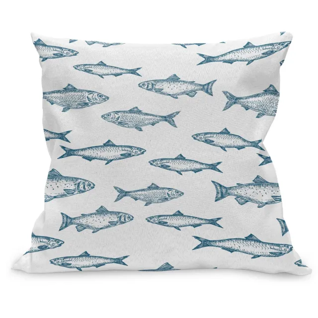 ABAKUHAUS Angeln Kussenhoes, Vis Schets Maritiem Thema, Kussenhoes met Ritssluiting en Dubbelzijdige Print, 45 x 45 cm, Slate Blauw Wit