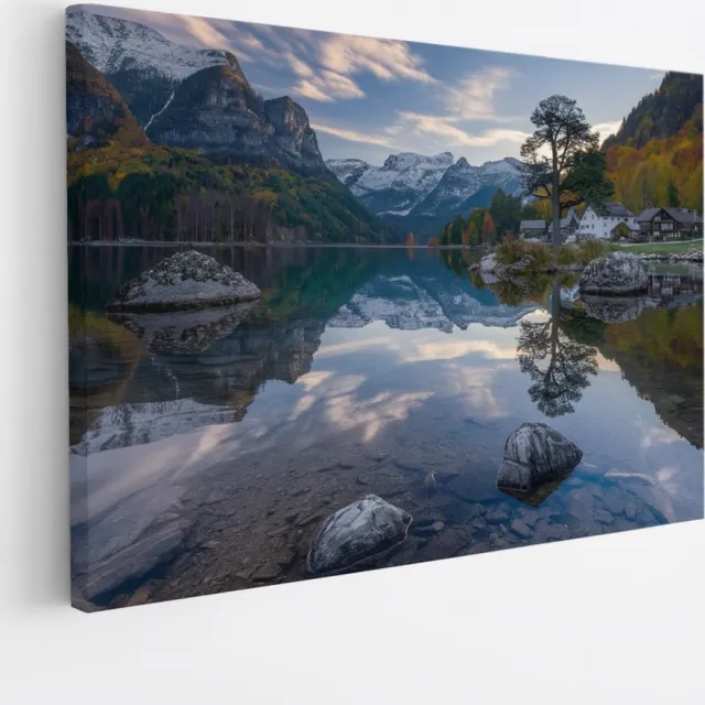 Saammp Canvas Schilderij - Groot meer tussen de bergen - Rotsen - Bloemen - Landschap - Natuur - 40x30 - Foto op canvas - Wanddecoratie - Muurdecoratie Woonkamer - Slaapkamer decoratie - Canvas Print Multicolor