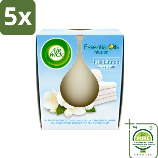 Air Wick 5 x Air Wick – Geurkaars – Fris Linnen met Essentiële Oliën – 105 g - Grootverpakking - Vaatwasstrips - Geurkaars - Fris Linnen - Essentiële Oliën - Sfeer In Huis - Warme Sfeer Wit