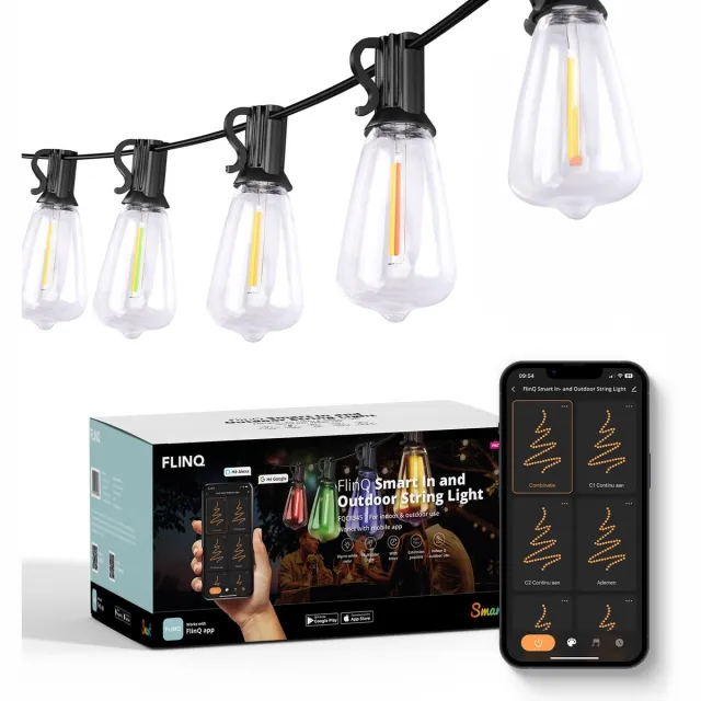 Flinq Smart Lichtsnoer Premium - LED Lichtslinger voor Buiten - Tuinverlichting 15 meter Lang Snoer - Slinger met RGB Lampjes - Sfeerverlichting / Partylights - Partyverlichting