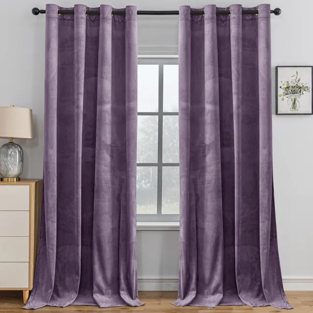 Famanu Fluwelen verduisteringsgordijnen set van 2 stuks, 140 x 225 cm (bxh), ondoorzichtig met oogjes, thermogordijnen voor woonkamer en slaapkamer, geluidsisolatie, lichtpaars