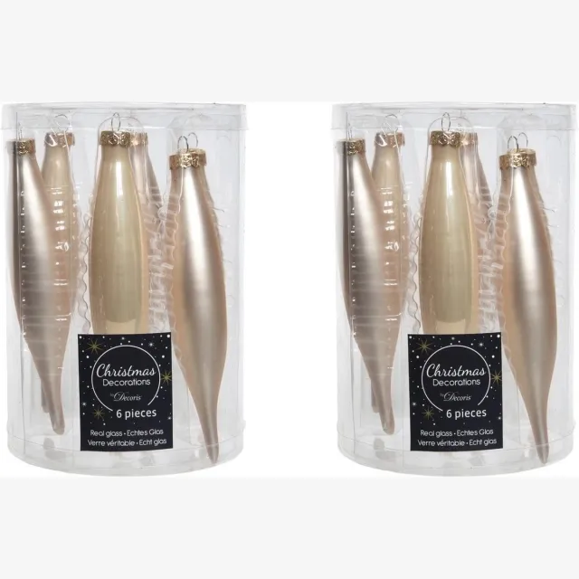Decoris kerstbal pegels - 12x - parel champagne - D15 cm - glas - kersthangers - ijspegels - kerstversiering Beige
