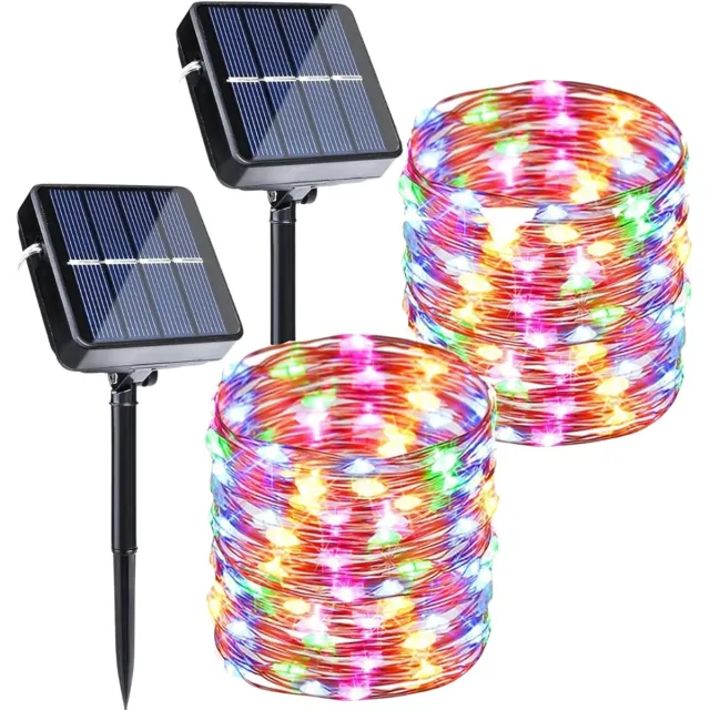 FluxGoods kerstverlichting buiten met zonnepaneel – 2 draadlampje van 12 meter – 8 lichtstanden – Tuin- & feestverlichting – Waterdicht IP65 - RGB
