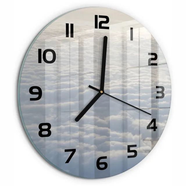 TULUP Wandklok - Vliegen boven de wolken Glazen Wandklok Design - fi30 cm - Wit Klok Glas Met Opdruk - Zwarte handen - Ronde Klok - Wandklok Glas Met Motief - Decoratieve Glazen Klok