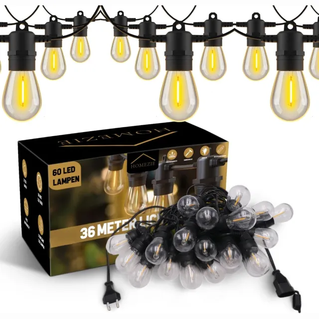 Homezie Lichtsnoer | 36 meter met 60 Kunststof S14 LED lampen | IP65 Waterdicht | Warm wit | Koppelbaar & Dimbaar | Tuinverlichting