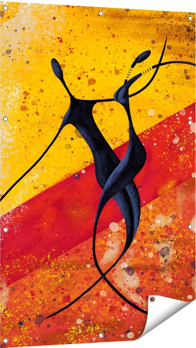 Gards Tuinposter Abstracte Kunst - Dansend Afrikaans Paar - 80x120 cm - Tuindoek - Tuindecoratie - Wanddecoratie buiten - Tuinschilderij Multikleur