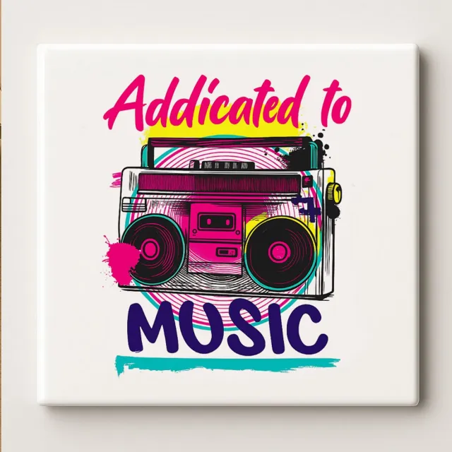 Nevolis Addicted to Music Retro Tegel – 15x15 cm Decoratieve Muurtegel voor Muziekliefhebbers, Vintage Boombox Ontwerp Multi Color