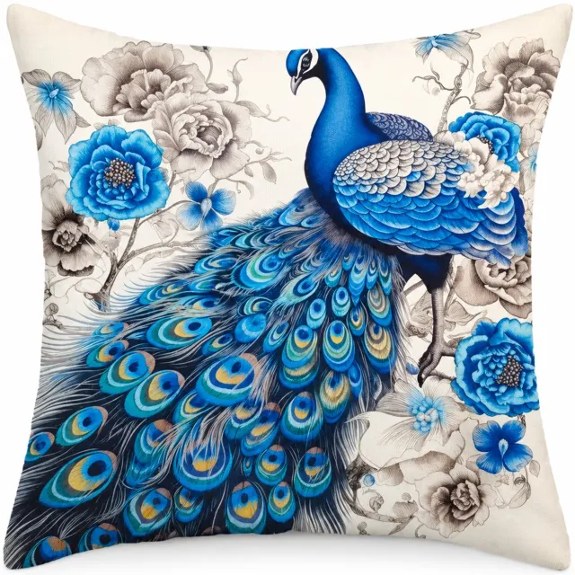 SWGOTA Kussenhoes 45 x 45 cm van kortpolig pluche met pauw en bloemen - Vierkante decoratieve hoes voor de bank Blauw