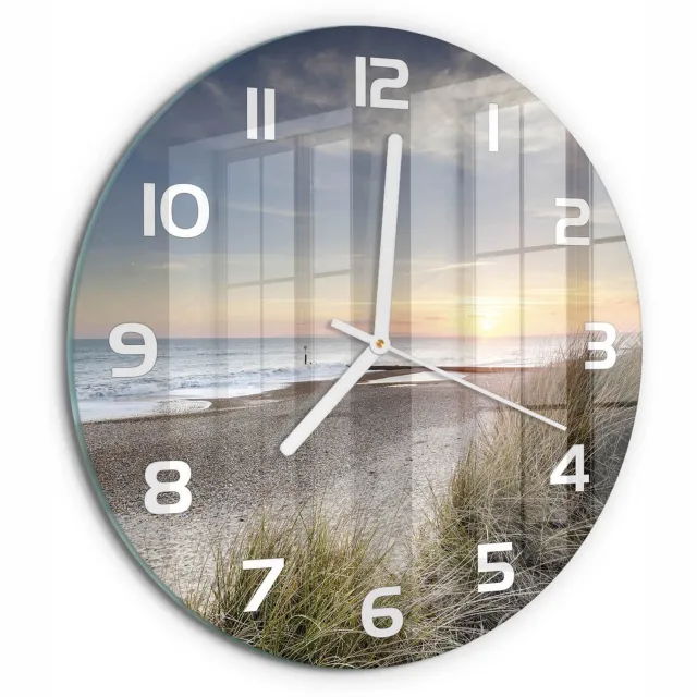 TULUP Wandklok - Zonsondergang en duinen Gekleurde Glazen Klok - fi30 cm - Beige Glazen Klok Met Print - Witte handen - Ronde Klok - Moderne Wandklok Glas - Wandklok Glas Decoratie