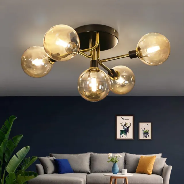 NETTLIFE plafondlamp - 5 vlammen - G9 Fitting - moderne - metaal - met glazen bol amber - binnenverlichting kroonluchter - voor slaapkamer woonkamer - excl. lichtbron