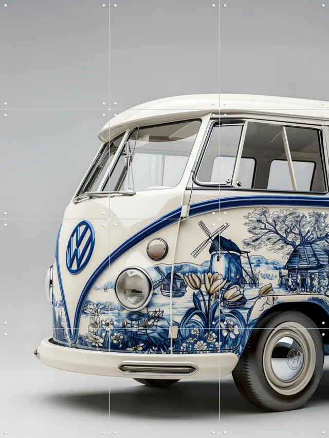IXXI Delfts Blauwe VW Bus 5, Margriet Hulsker - 60 x 80 cm - Grote wanddecoratie en posters - Illustraties, Vintage, Studeerkamer, Woonkamer