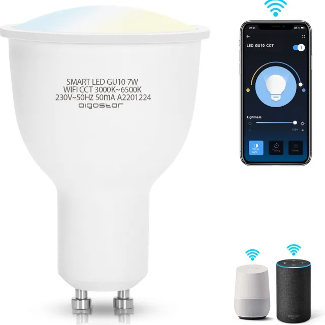 Aigostar LED lamp GU10 WiFi - 7W (=45W) - CCT 3000-6500K - 450 lm - 140° - dimbaar