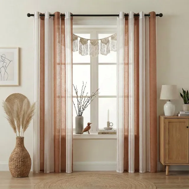 MUPOO Linnenlook Vitrages Kant en Klaar met Strepen 2 Stuks- vitrage gordijnen met Linnenuitstraling -Wasbaar & Kreukherstellend -Laat Licht Door & Biedt Privacy - Met Oogjes voor Balkon & Studeerkamer- bruin-140x245cm