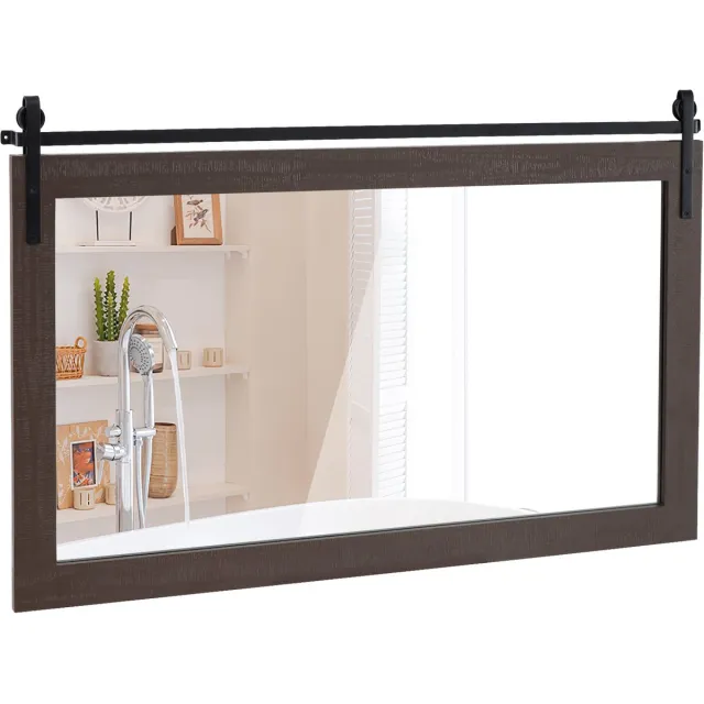 Costway Rechthoekige spiegel met houten lijst, 100 x 66 cm, rustieke wandspiegel, onbreekbare hangspiegel met metalen houder, voor hal, woonkamer, slaapkamer (donkerbruin) Donker Bruin