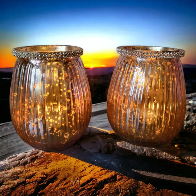 Kunstgewerbe Gehlmann Set 2x Windlichten Brocant met Glitter Diamantjes Glas Waxinelicht Kaarsen Zilver