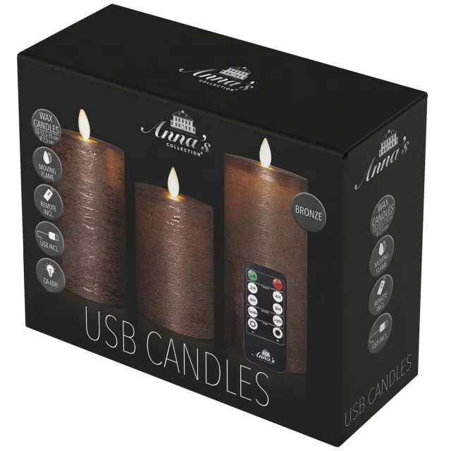 Annas Collection Anna's Collection LED kaars oplaadbaar flame effect rustiek set 7.5 cm brons 3 stuks bruin