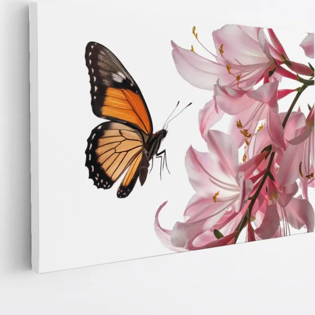 Saammp Canvas Schilderij - Vlinder op roze bloem - Landschap - Natuur - 90x60 - Foto op canvas - Wanddecoratie - Muurdecoratie Woonkamer - Slaapkamer decoratie - Canvas Print Multicolor