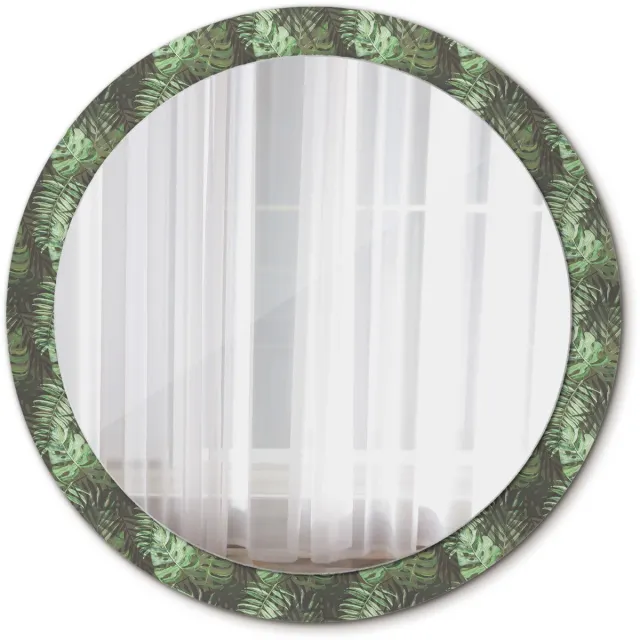 TULUP Spiegel - Ronde Spiegel - Spiegel op gehard Glas - Tropische bladeren - Diameter: 90 cm - Spiegel met decoratieve opdruk - Spiegel voor elke ruimte - Groene - Met spiegelprint - Decoratief Spiegel - Hangspiegel Groen Tropische bladeren