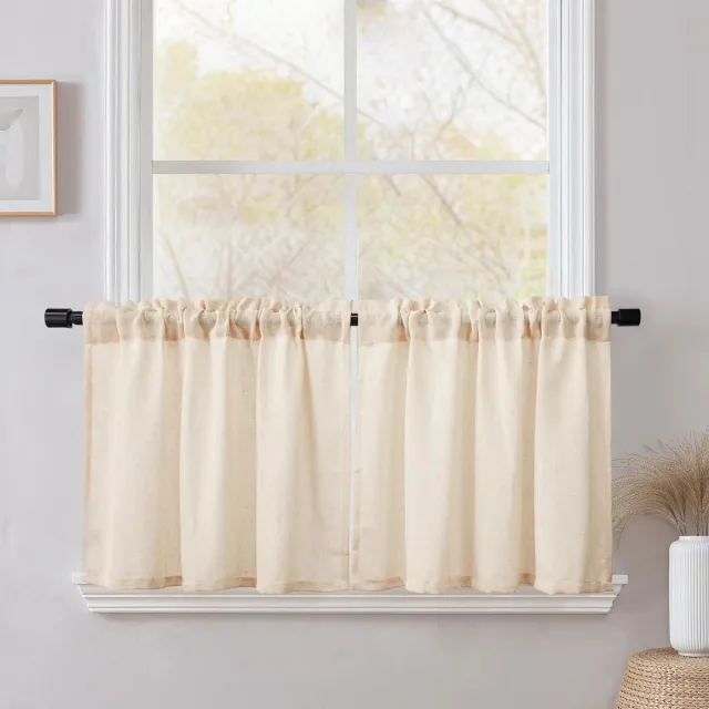 Ibenzoa Luxe Vitrage Keukengordijnen Set van 2 in Natuurlijk Linnenlook, Half-transparant, 60x90 cm, Beige
