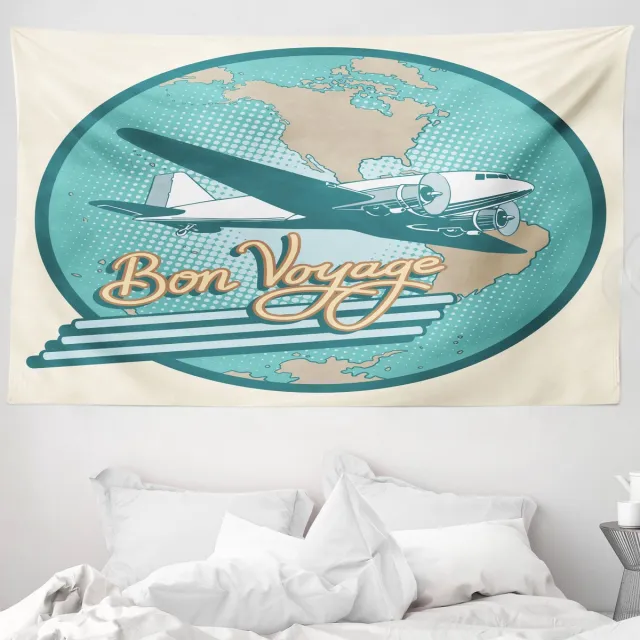 ABAKUHAUS Luchthaven Wandtapijt, Abstracte Vintage Bon Voyage Tekst en Retro Vliegtuig op Wereldbol, 230 x 140 cm, Ivoor Cadetblauw