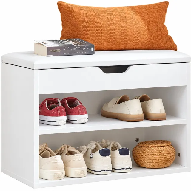 MOLHAUS Schoenenbank met Opbergruimte - 60 x 30 x 43 cm - voor 6 Paar Schoenen - Zitkussen en Verborgen Opbergvak - MDF - Entree Wit