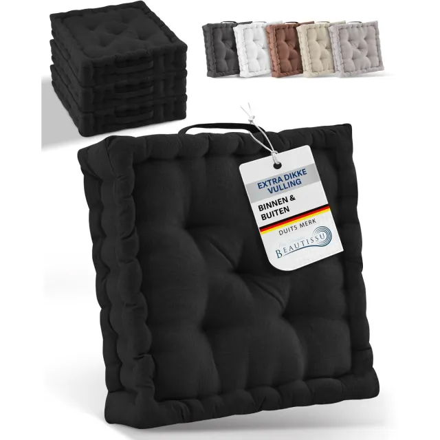 Beautissu Mila - Zitkussen Set van 4 Matraskussen 50x50x8 cm - vloerkussen met praktische draaggreep - kussen zwart